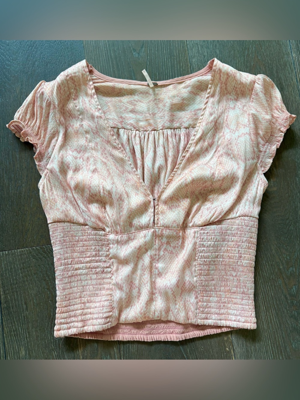 Free People Pink Coral Snakeskin Blouse with Ruffled Sleeves